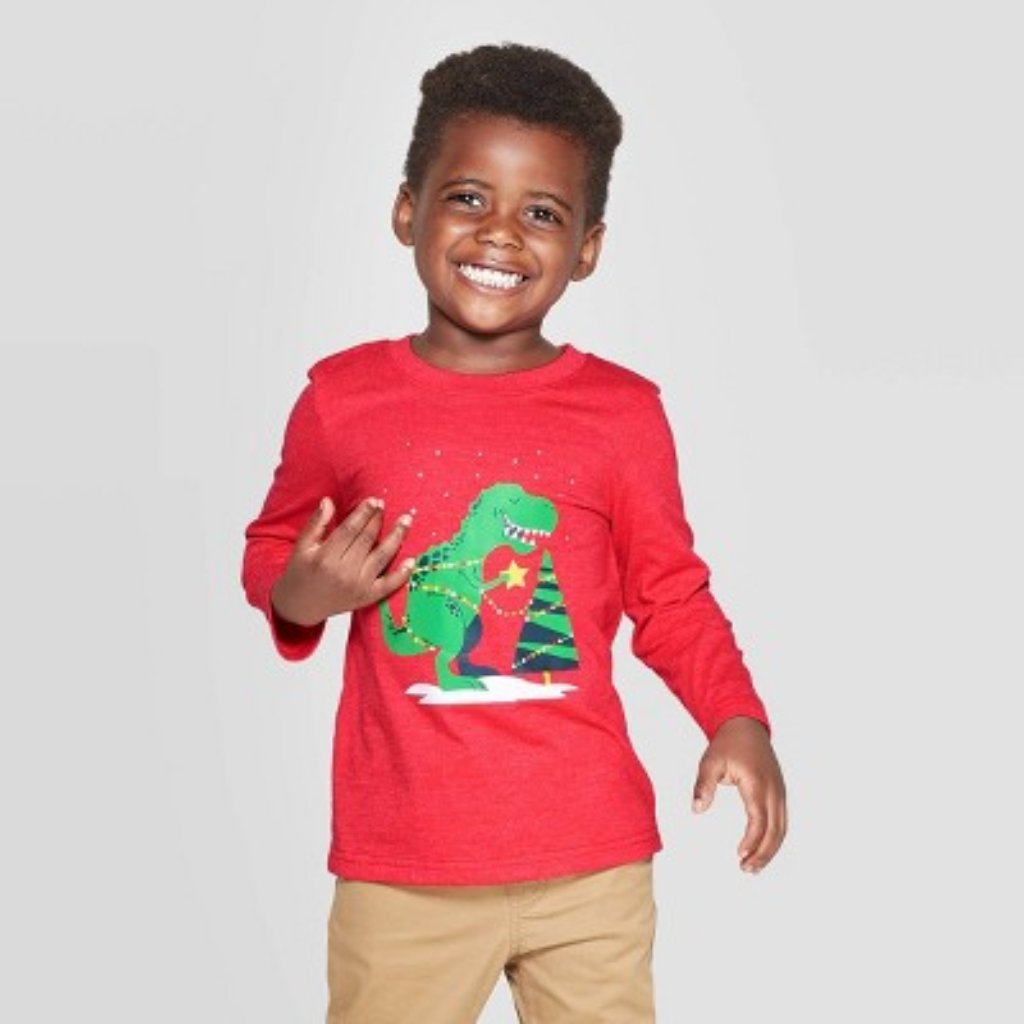 Cat & Jack Red Boys' Christmas Dinosaur Tee Nwt